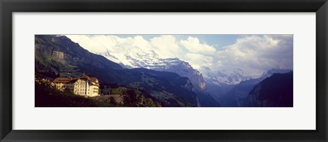 Framed Hotel with mountain range in the background, Swiss Alps, Switzerland Print