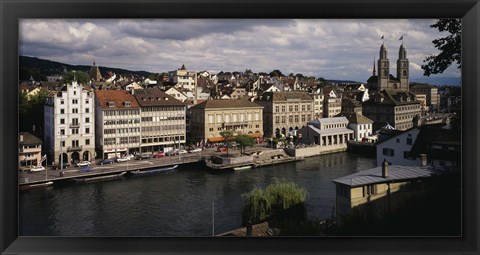 Framed High angle view of buildings along a river, River Limmat, Zurich, Switzerland Print