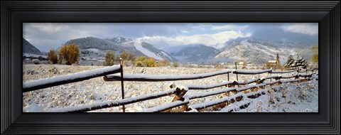 Framed Wooden fence covered with snow at the countryside, Colorado, USA Print