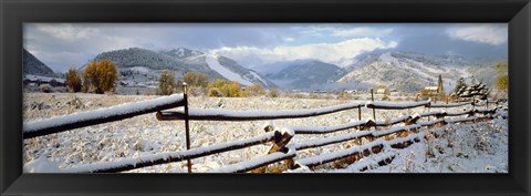 Framed Wooden fence covered with snow at the countryside, Colorado, USA Print