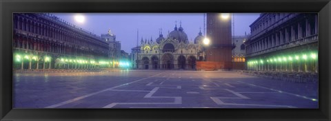 Framed Street lights lit up in front of a cathedral at sunrise, St. Mark&#39;s Cathedral, St. Mark&#39;s Square, Venice, Veneto, Italy Print