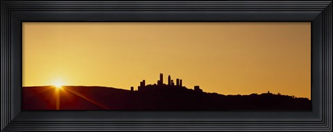 Framed Silhouette of a town on a hill at sunset, San Gimignano, Tuscany, Italy Print