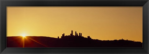 Framed Silhouette of a town on a hill at sunset, San Gimignano, Tuscany, Italy Print