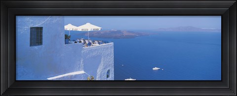 Framed Building On Water, Boats, Fira, Santorini Island, Greece Print