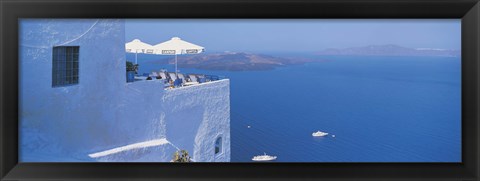 Framed Building On Water, Boats, Fira, Santorini Island, Greece Print