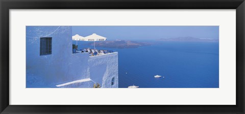 Framed Building On Water, Boats, Fira, Santorini Island, Greece Print