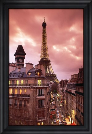 Framed Paris Street Scene with Eiffel Tower and Red Sky Print