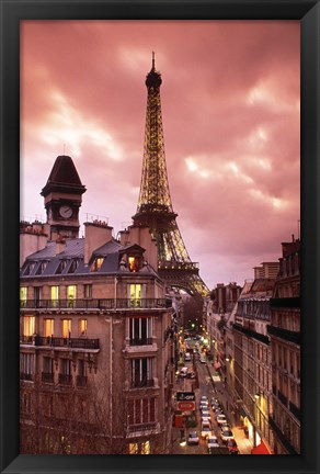 Framed Paris Street Scene with Eiffel Tower and Red Sky Print