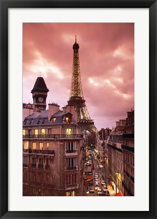 Framed Paris Street Scene with Eiffel Tower and Red Sky Print