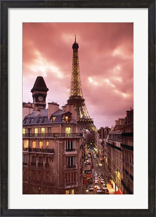 Framed Paris Street Scene with Eiffel Tower and Red Sky Print
