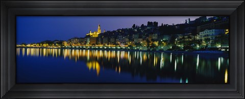 Framed Reflection of buildings in water, Menton, Alpes-Maritimes, Provence-Alpes-Cote d&#39;Azur, France Print