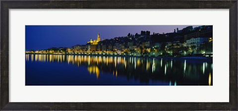 Framed Reflection of buildings in water, Menton, Alpes-Maritimes, Provence-Alpes-Cote d&#39;Azur, France Print