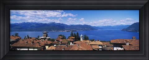 Framed High angle view of buildings near a lake, Lake Maggiore, Vedasco, Italy Print