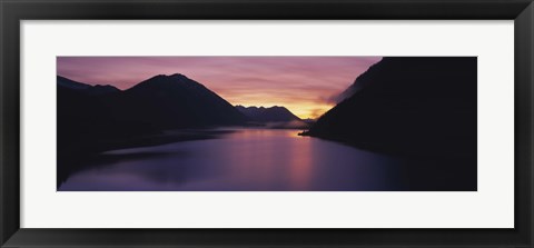 Framed Sunset over a lake, Sylvenstein Lake, Bavarian Alps, Germany Print