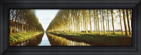Framed Belgium, tree lined waterway through countryside Print
