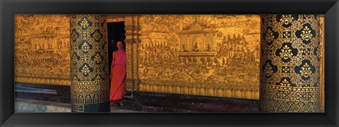 Framed Monk in prayer hall at Wat Mai Buddhist Monastery, Luang Prabang, Laos Print