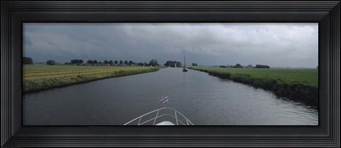 Framed Motorboat in a canal, Friesland, Netherlands Print