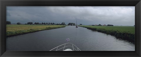 Framed Motorboat in a canal, Friesland, Netherlands Print