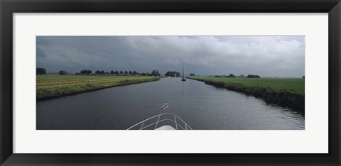 Framed Motorboat in a canal, Friesland, Netherlands Print