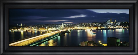 Framed High angle view of a bridge lit up at night, Istanbul, Turkey Print
