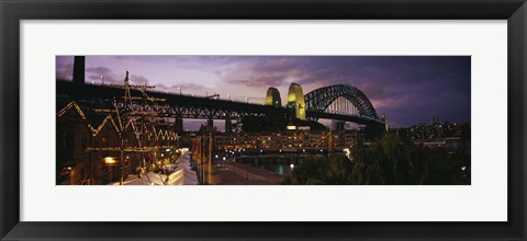 Framed Bridge lit up at night, Sydney Harbor Bridge, Sydney, New South Wales, Australia Print