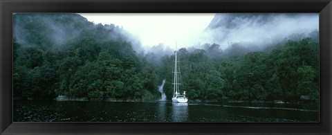 Framed Yacht in the ocean, Fiordland National Park, South Island, New Zealand Print