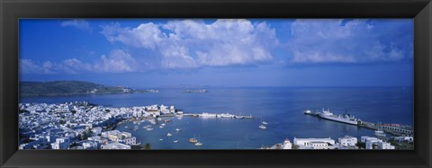 Framed High angle view of buildings at a coast, Mykonos, Cyclades Islands, Greece Print