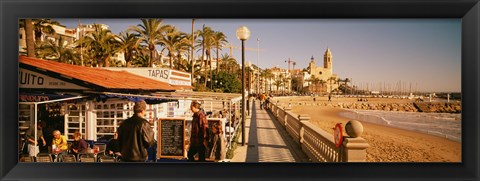 Framed Tourists in a cafe, Tapas Cafe, Sitges Beach, Catalonia, Spain Print