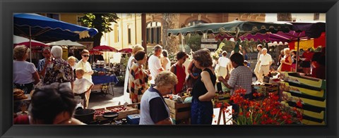 Framed Group of people in a street market, Ceret, France Print