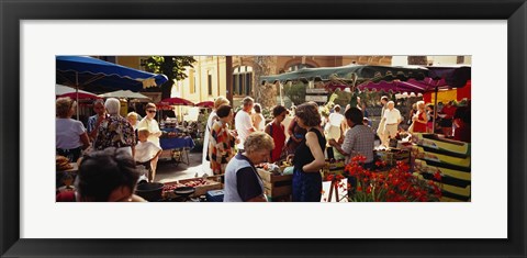 Framed Group of people in a street market, Ceret, France Print