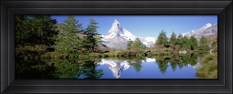 Framed Reflection of trees and mountain in a lake, Matterhorn, Switzerland Print