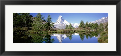 Framed Reflection of trees and mountain in a lake, Matterhorn, Switzerland Print