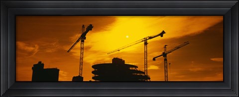 Framed Silhouette of cranes at a construction site, London, England Print