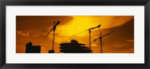 Framed Silhouette of cranes at a construction site, London, England Print