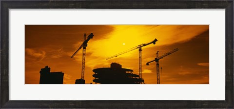 Framed Silhouette of cranes at a construction site, London, England Print