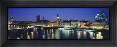 Framed Buildings lit up at dusk, Big Ben, Houses Of Parliament, Thames River, London, England Print