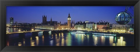 Framed Buildings lit up at dusk, Big Ben, Houses Of Parliament, Thames River, London, England Print