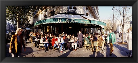 Framed Group of people at a sidewalk cafe, Les Deux Magots, Saint-Germain-Des-Pres Quarter, Paris, France Print