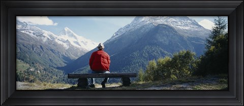 Framed Hiker Contemplating Mountains Switzerland Print
