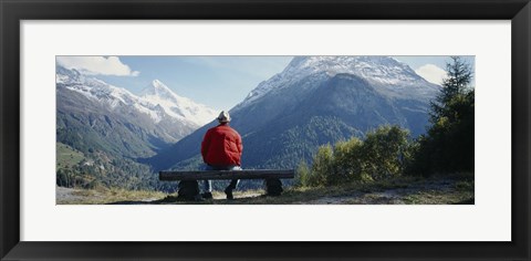 Framed Hiker Contemplating Mountains Switzerland Print