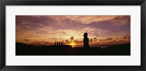 Framed Silhouette of Moai statues at dusk, Tahai Archaeological Site, Rano Raraku, Easter Island, Chile Print