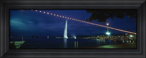 Framed Fountain at night, Jet D&#39;eau, Geneva, Switzerland Print