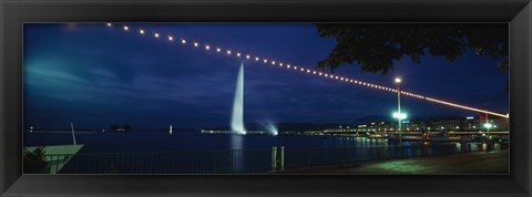 Framed Fountain at night, Jet D&#39;eau, Geneva, Switzerland Print