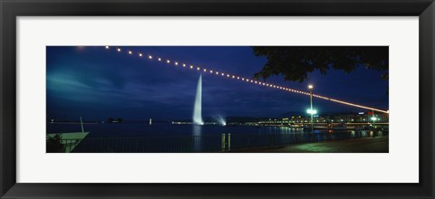 Framed Fountain at night, Jet D&#39;eau, Geneva, Switzerland Print