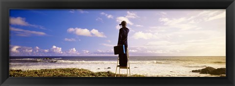 Framed Businessman Standing On A Ladder And Looking Through Binoculars, California, USA Print