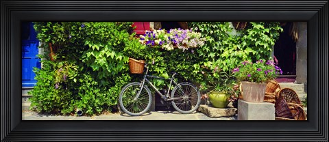Framed Bicycle In Front Of Wall Covered With Plants And Flowers, Rochefort En Terre, France Print