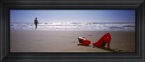 Framed Woman And High Heels On Beach, California, USA Print