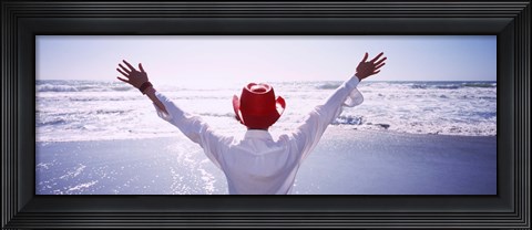 Framed Woman With Outstretched Arms On Beach, California, USA Print