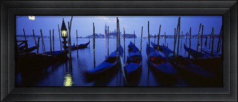 Framed Moored Gondolas at Night, Grand Canal, Venice, Italy Print