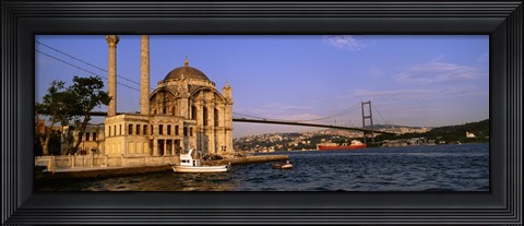 Framed Mosque at the waterfront near a bridge, Ortakoy Mosque, Bosphorus Bridge, Istanbul, Turkey Print